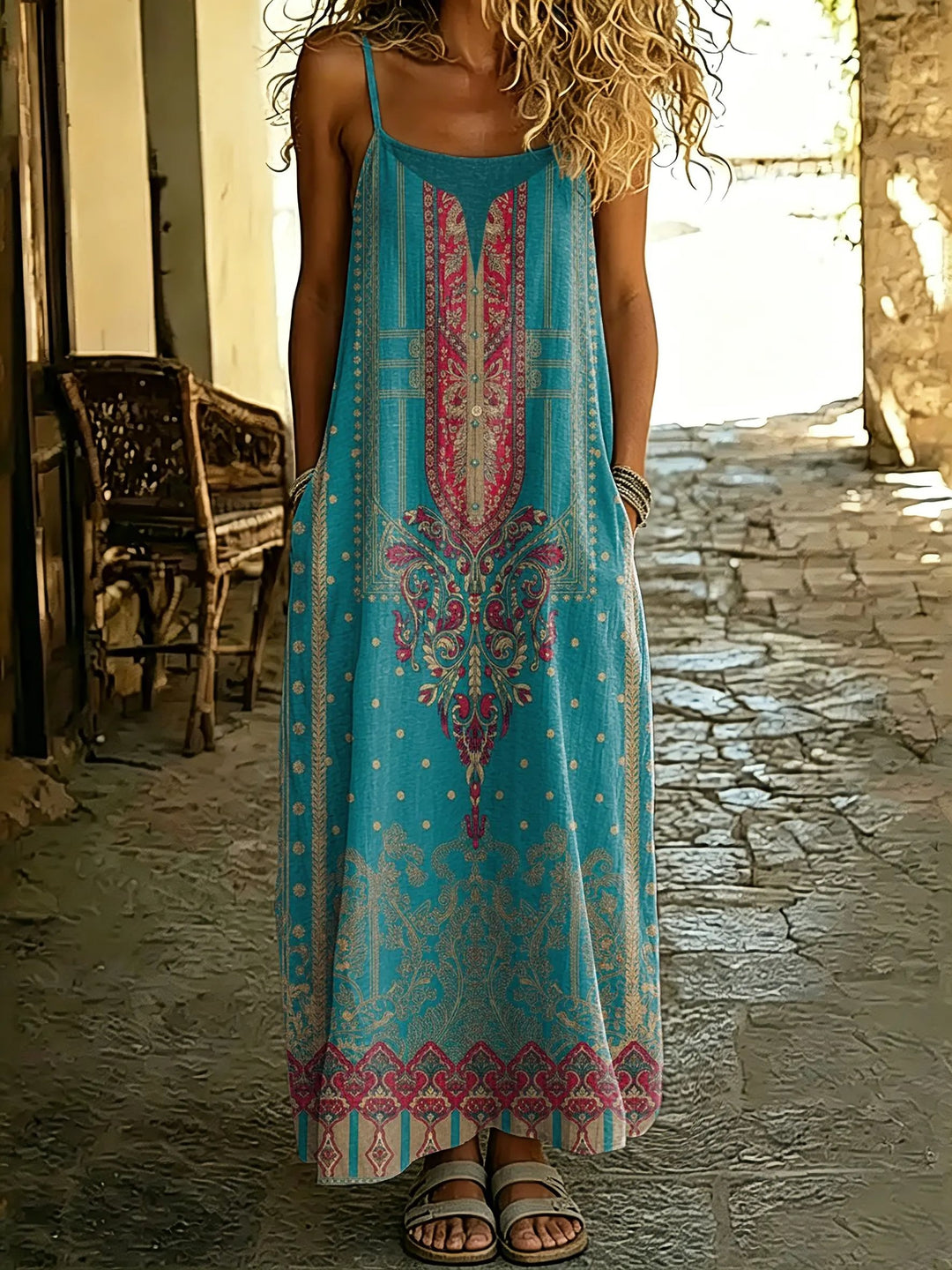 Women's Boho Ethnic Floral Print Spaghetti Strap Maxi Dress