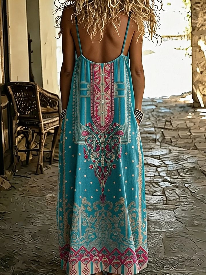 Women's Boho Ethnic Floral Print Spaghetti Strap Maxi Dress