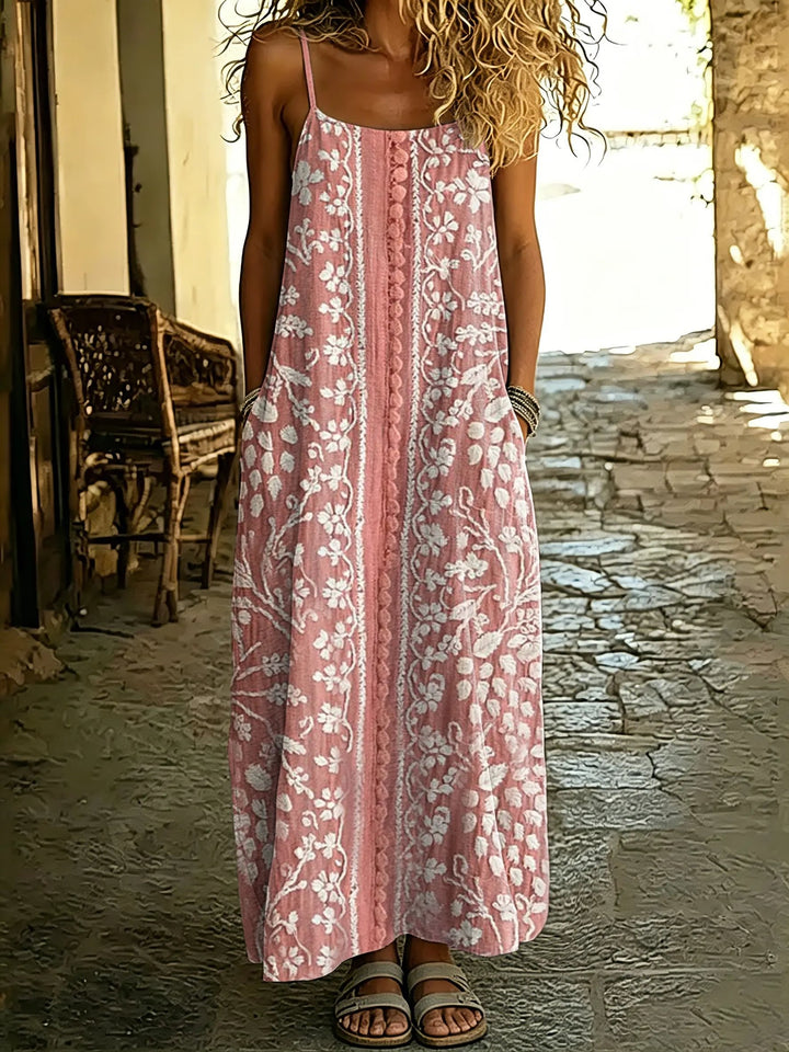 Women's Embroidered Floral Print Spaghetti Strap Maxi Dress
