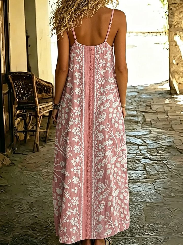 Women's Embroidered Floral Print Spaghetti Strap Maxi Dress