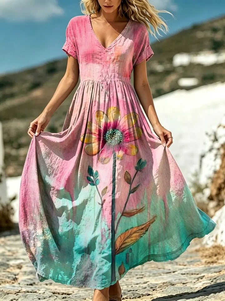 Women's Gradient Floral Watercolor Print Cotton Dress