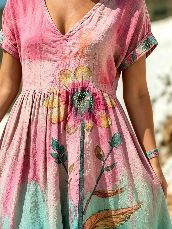Women's Gradient Floral Watercolor Print Cotton Dress