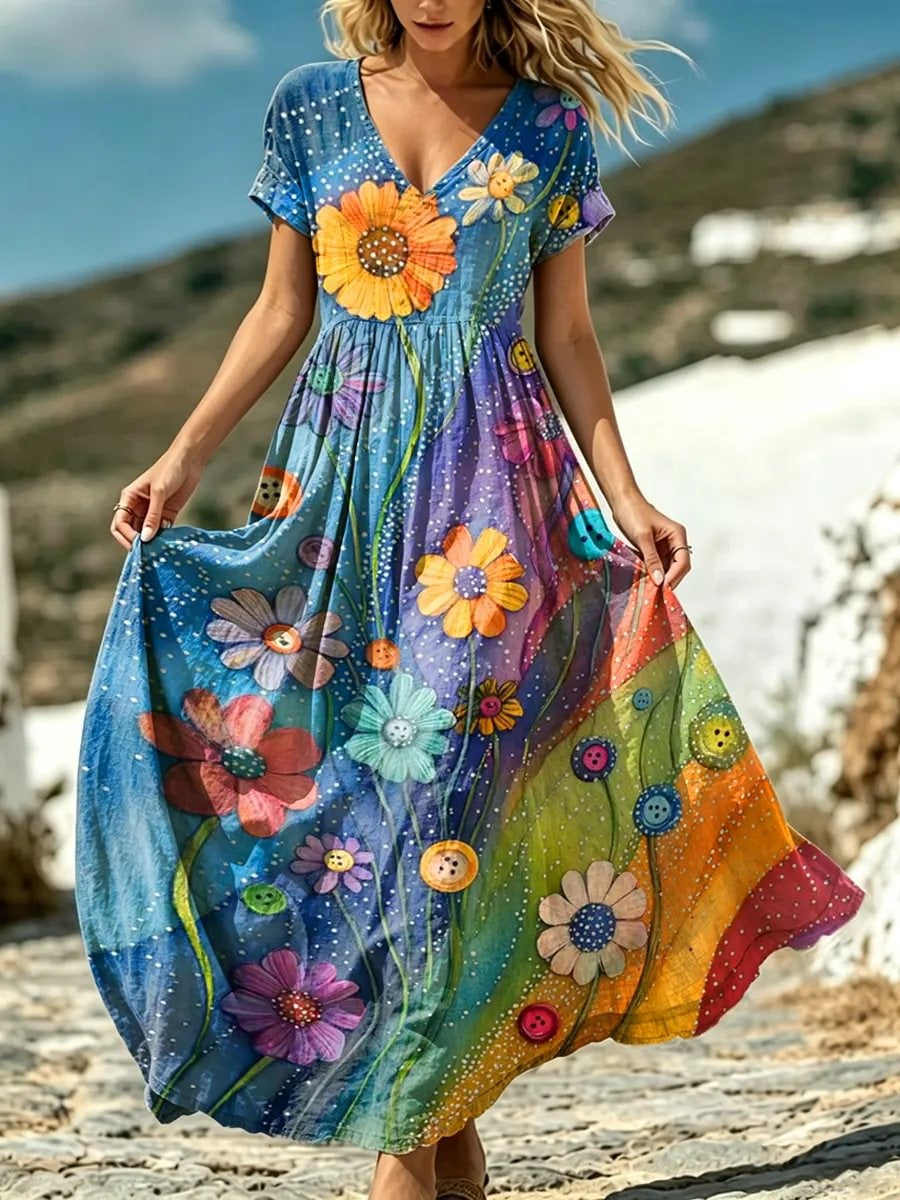 Women's Floral Watercolor Print Cotton Dress