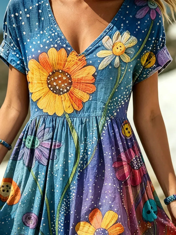 Women's Floral Watercolor Print Cotton Dress