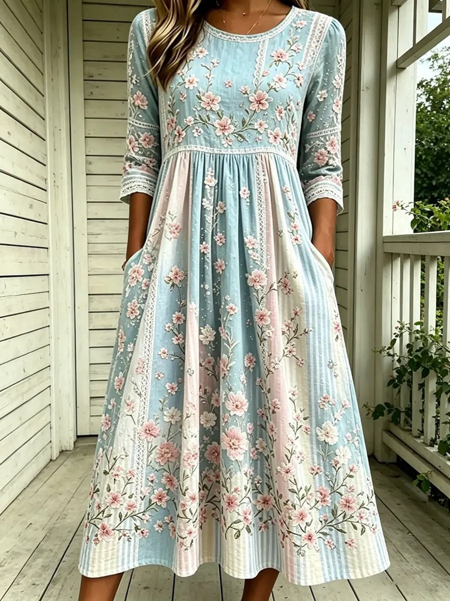 Women's Cherry Blossom Stripe Lace Print Cotton Midi Dress