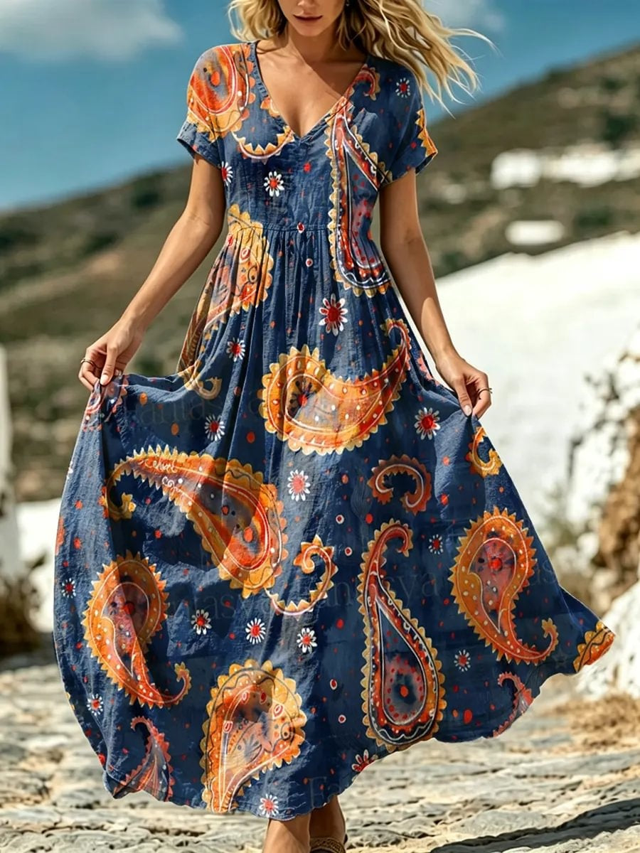 Women's Paisley Floral Print Cotton Maxi Dress
