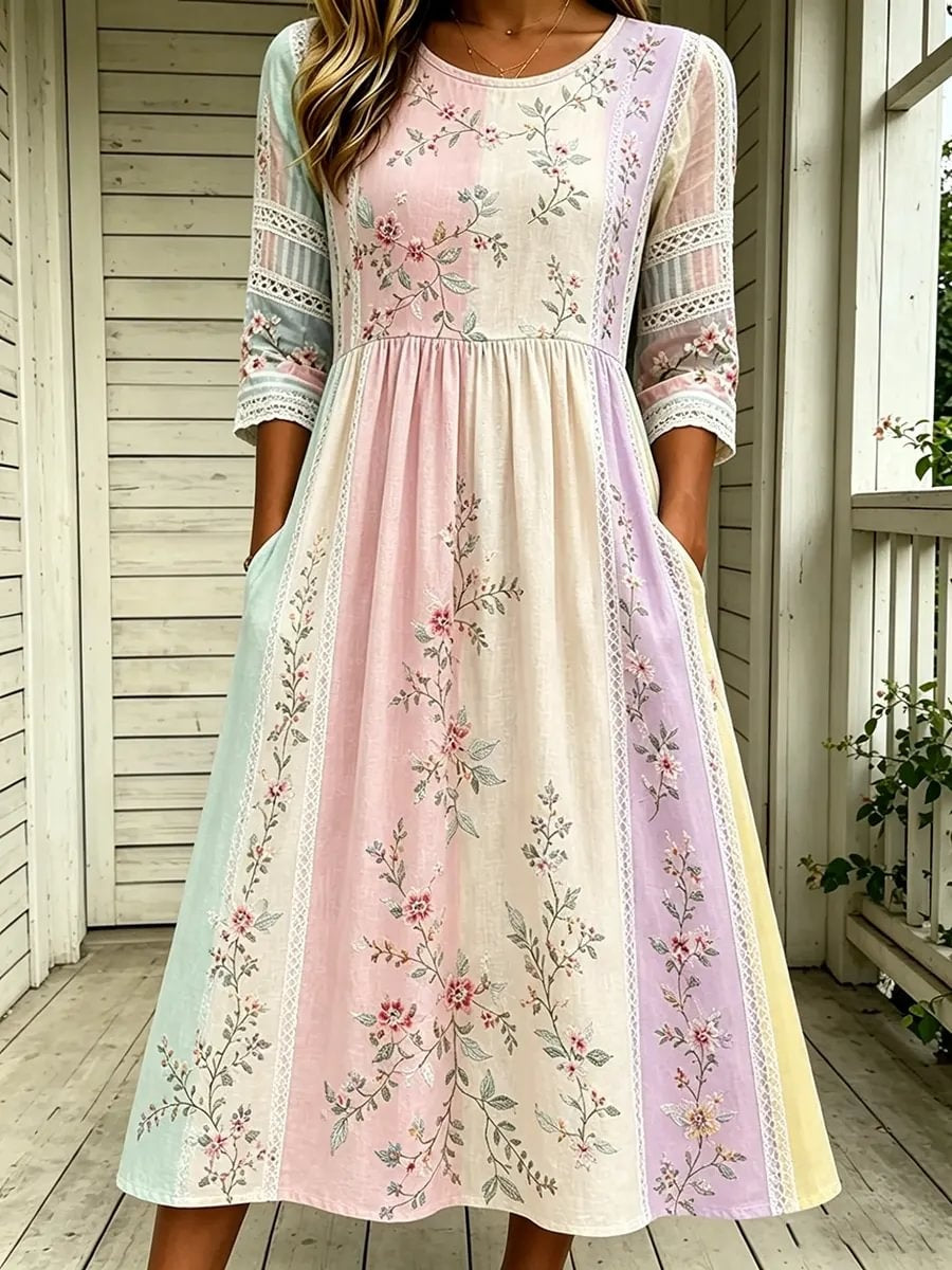 Women's Pastel Floral Lace Print Cotton Midi Dress