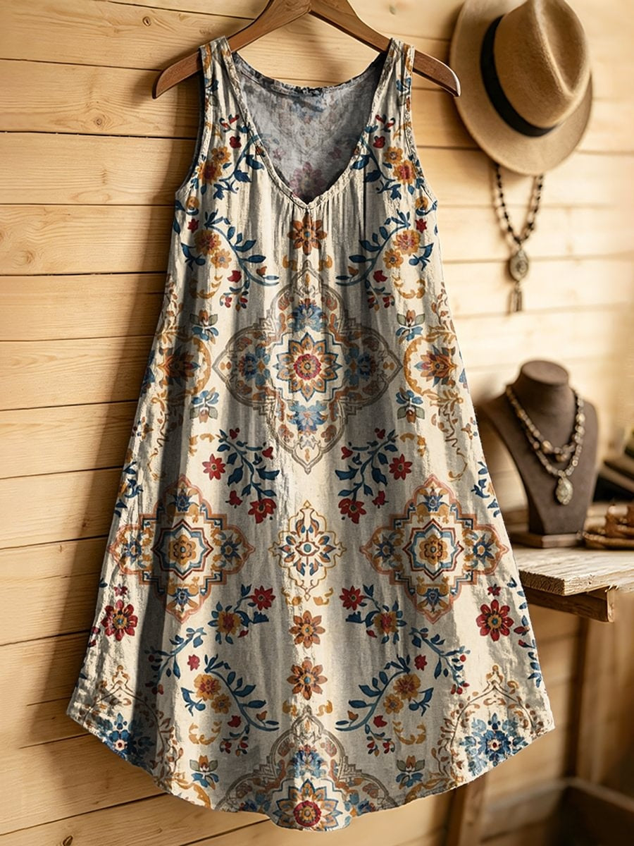 Women's Retro Bohemian Ethnic Floral Art Print Casual Sleeveless V-neck Cotton Linen Dress