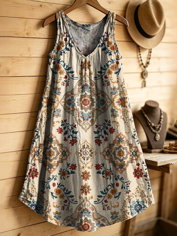 Women's Retro Bohemian Ethnic Floral Art Print Casual Sleeveless V-neck Cotton Linen Dress
