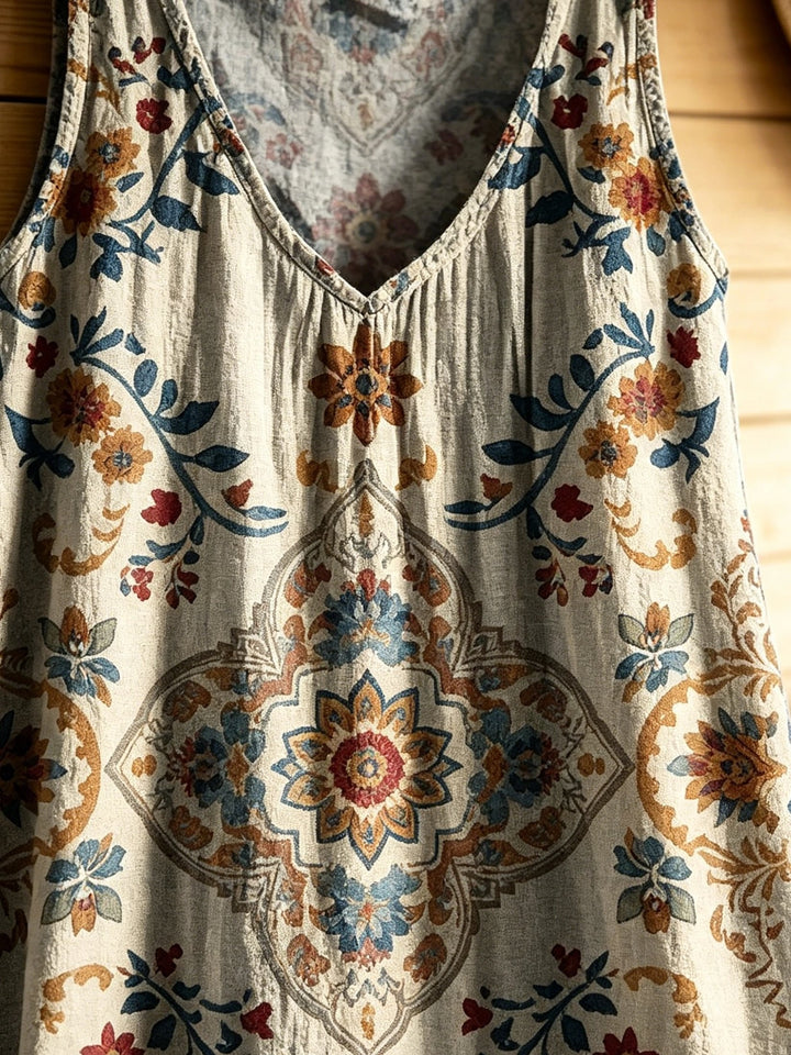 Women's Retro Bohemian Ethnic Floral Art Print Casual Sleeveless V-neck Cotton Linen Dress