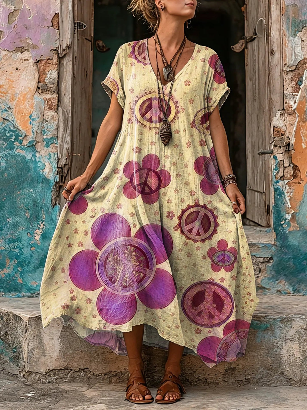 Women's Peace Sign Floral Print V-Neck Loose Boho Maxi Dress