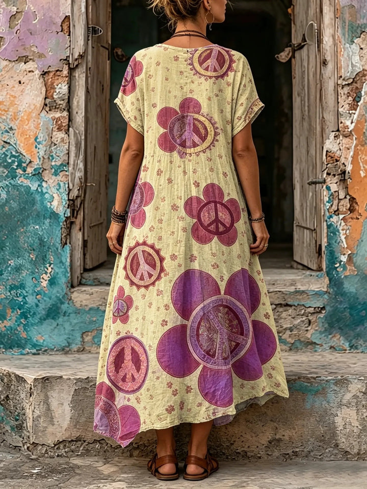 Women's Peace Sign Floral Print V-Neck Loose Boho Maxi Dress