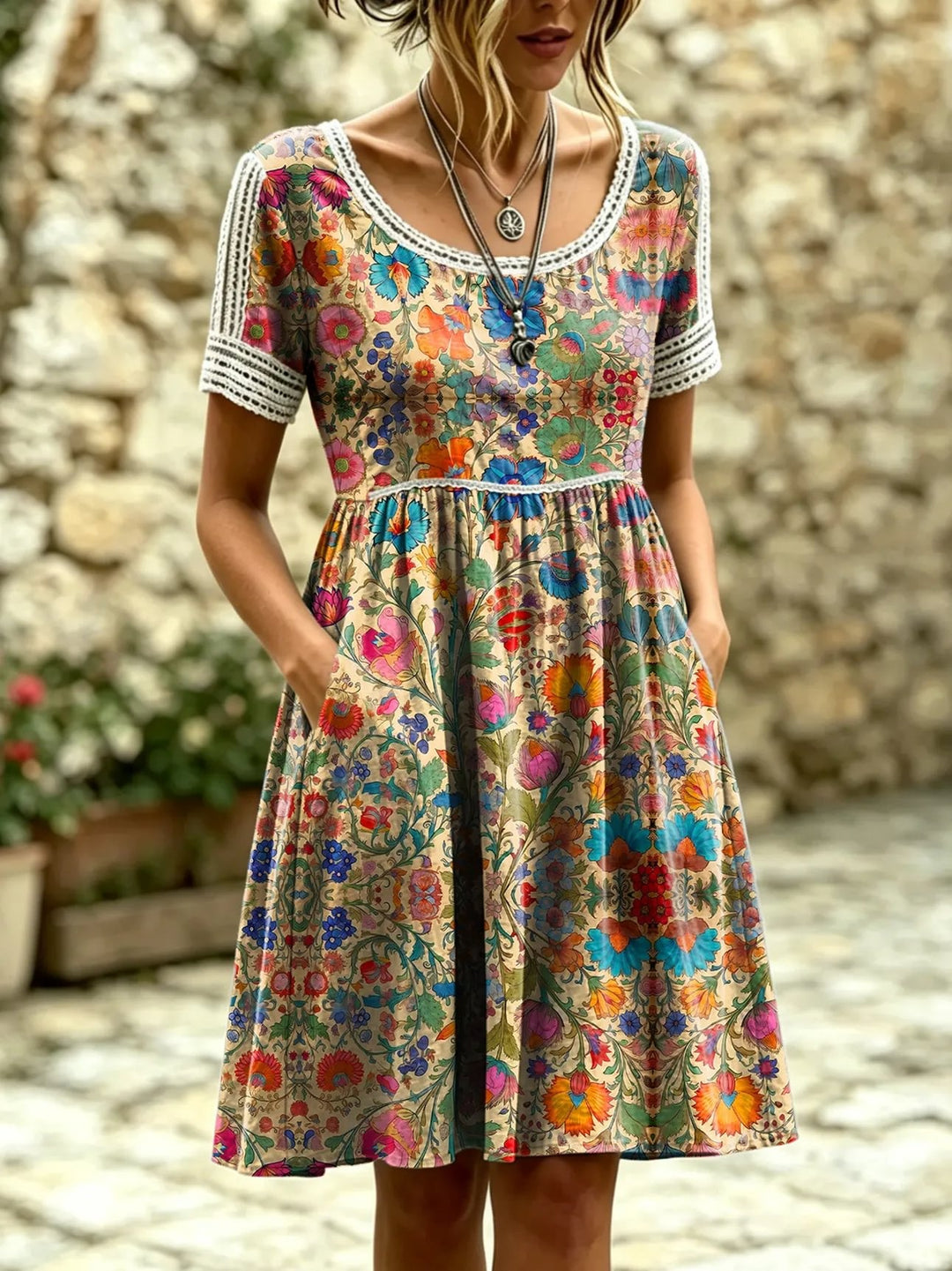 Women's Retro Floral Print Artistic Lace-trimmed Pocket Round-neck Short-sleeve Dress