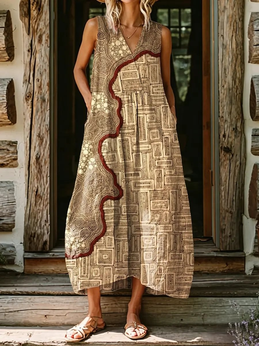 Ethnicity Geometry Patchwork Texture Women's Print Sleeveless V Collar Pocket Dress