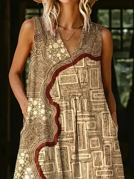 Ethnicity Geometry Patchwork Texture Women's Print Sleeveless V Collar Pocket Dress
