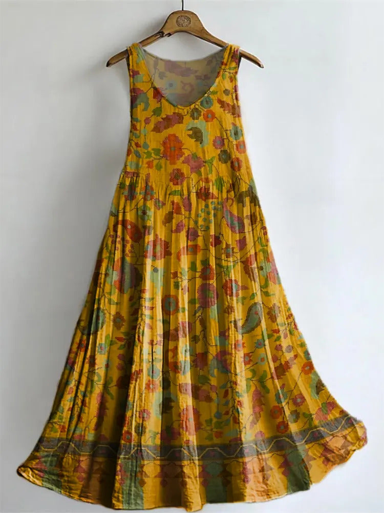 Vintage Flowers Totem Women's Print Sleeveless Cotton Pocket Dress