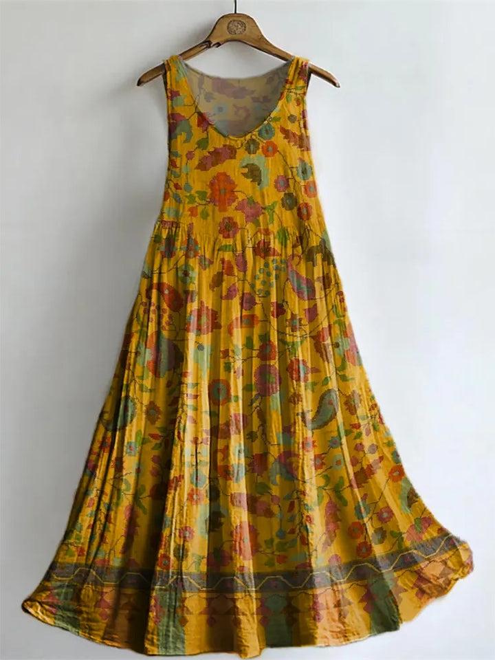 Vintage Flowers Totem Women's Print Sleeveless Cotton Pocket Dress