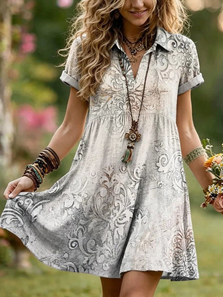 Women's Vintage Damask Print Rolled Sleeve Shirt Dress