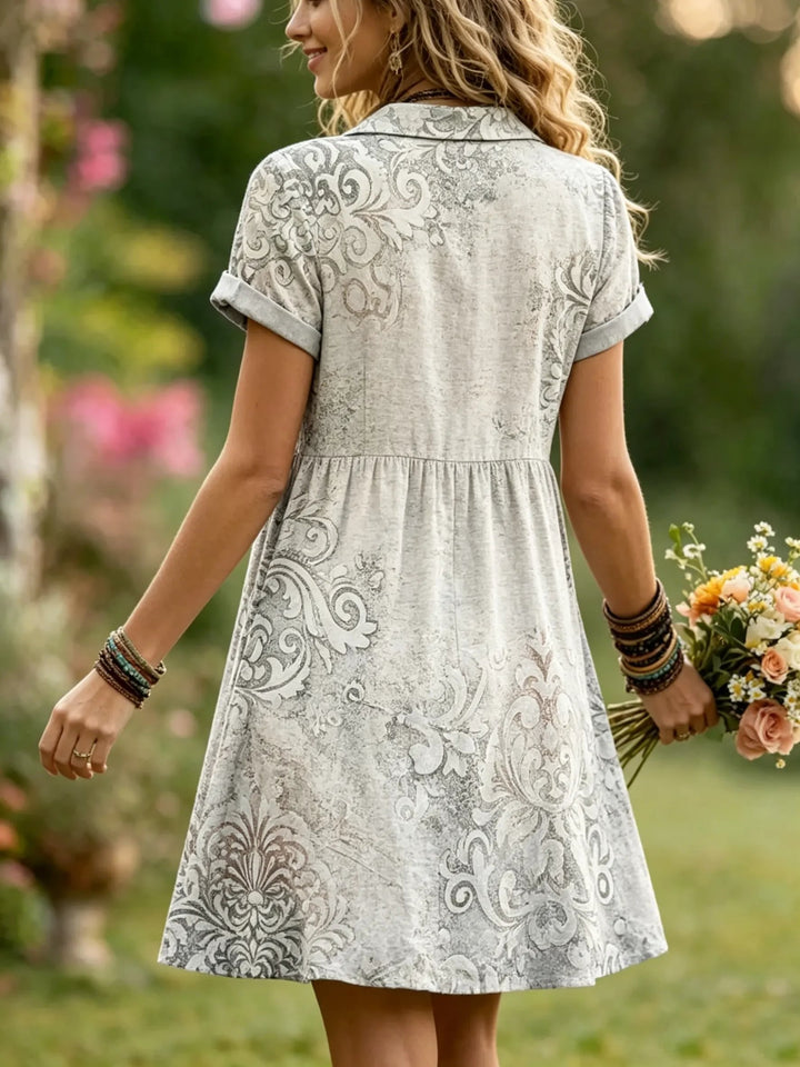 Women's Vintage Damask Print Rolled Sleeve Shirt Dress