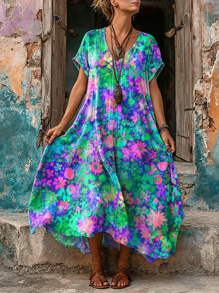 Women's Multicolor Watercolor Floral Print Loose Maxi Dress