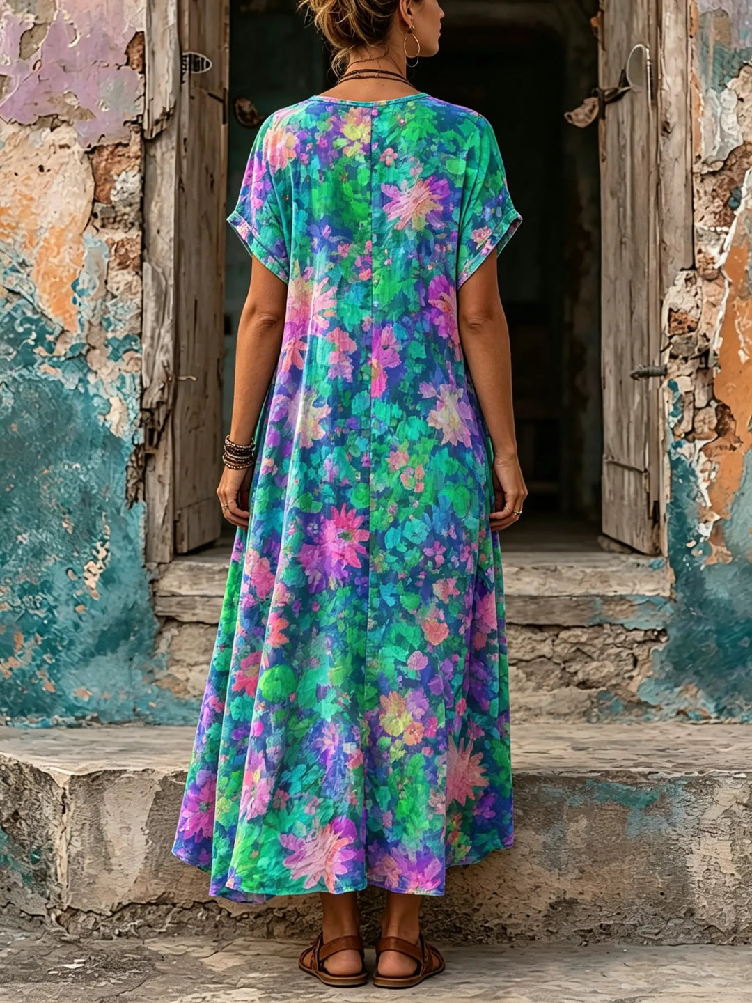 Women's Multicolor Watercolor Floral Print Loose Maxi Dress