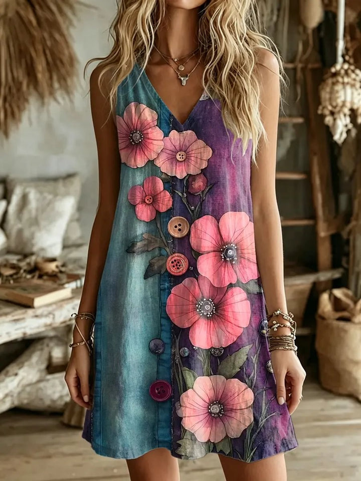 Women's Floral Watercolor Print Sleeveless Dress