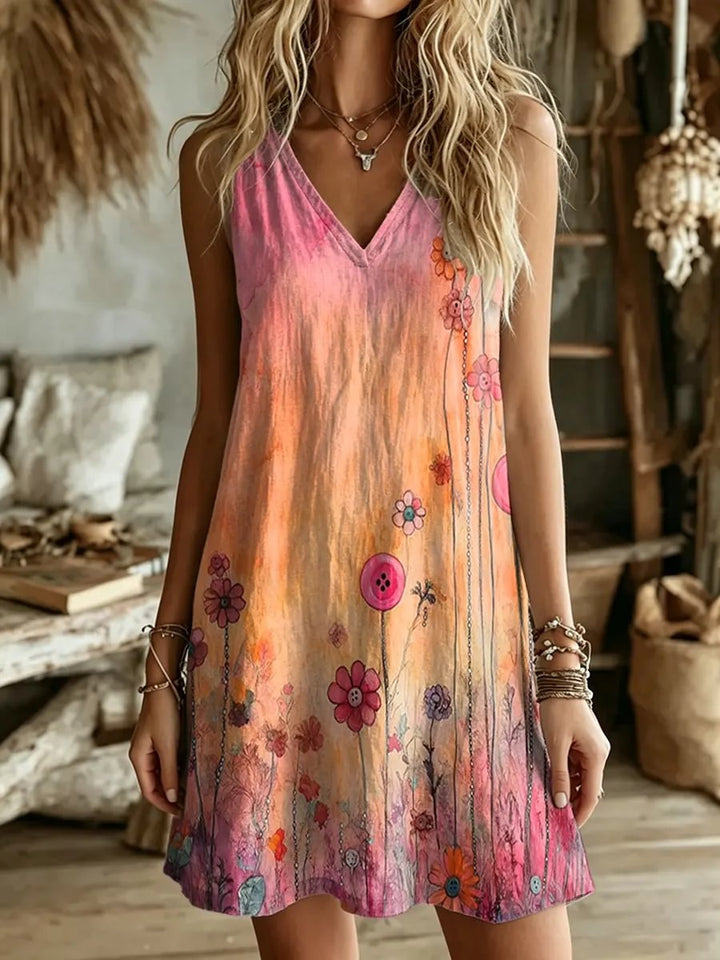 Women's Whimsical Floral Watercolor Print Sleeveless Dress