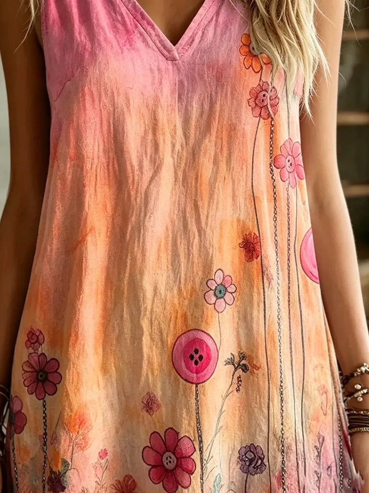 Women's Whimsical Floral Watercolor Print Sleeveless Dress