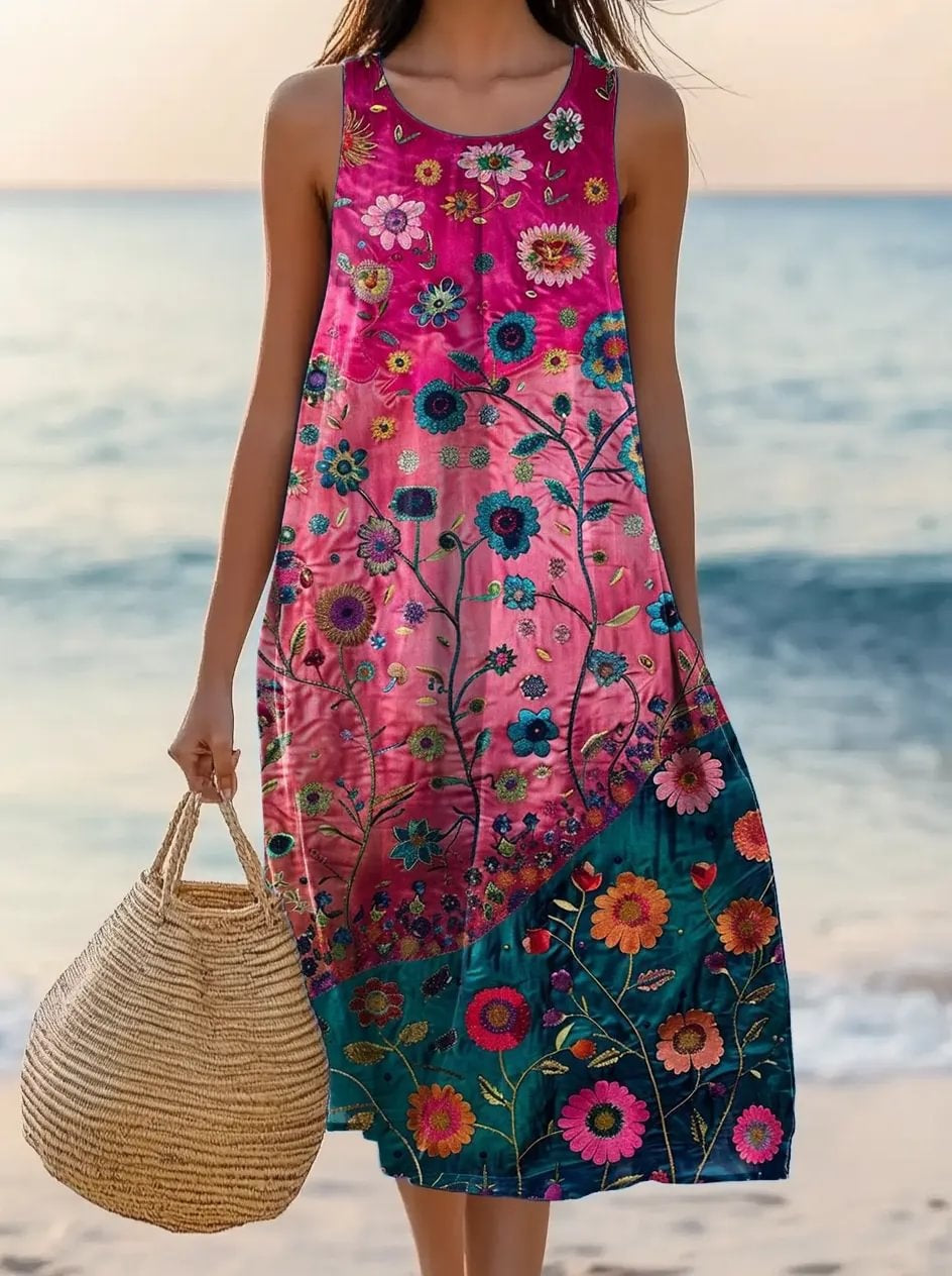 Women's Sleeveless Round-Neck Dress with Ethnic Floral Print