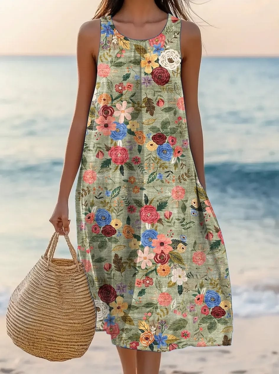 Women's Sleeveless Round-Neck Dress with Ethnic Floral Print