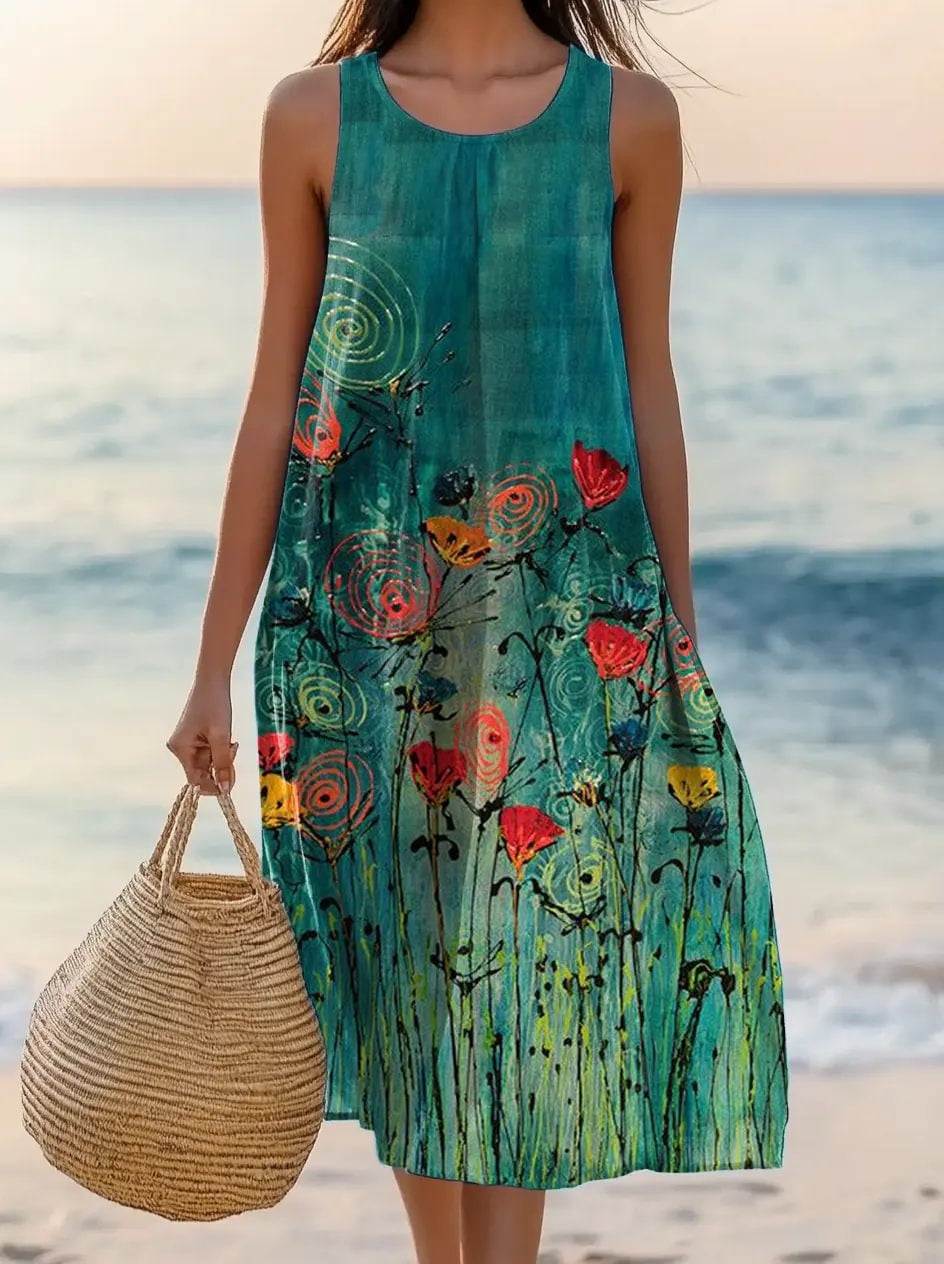 Women's Sleeveless Round-Neck Dress with Ethnic Floral Print