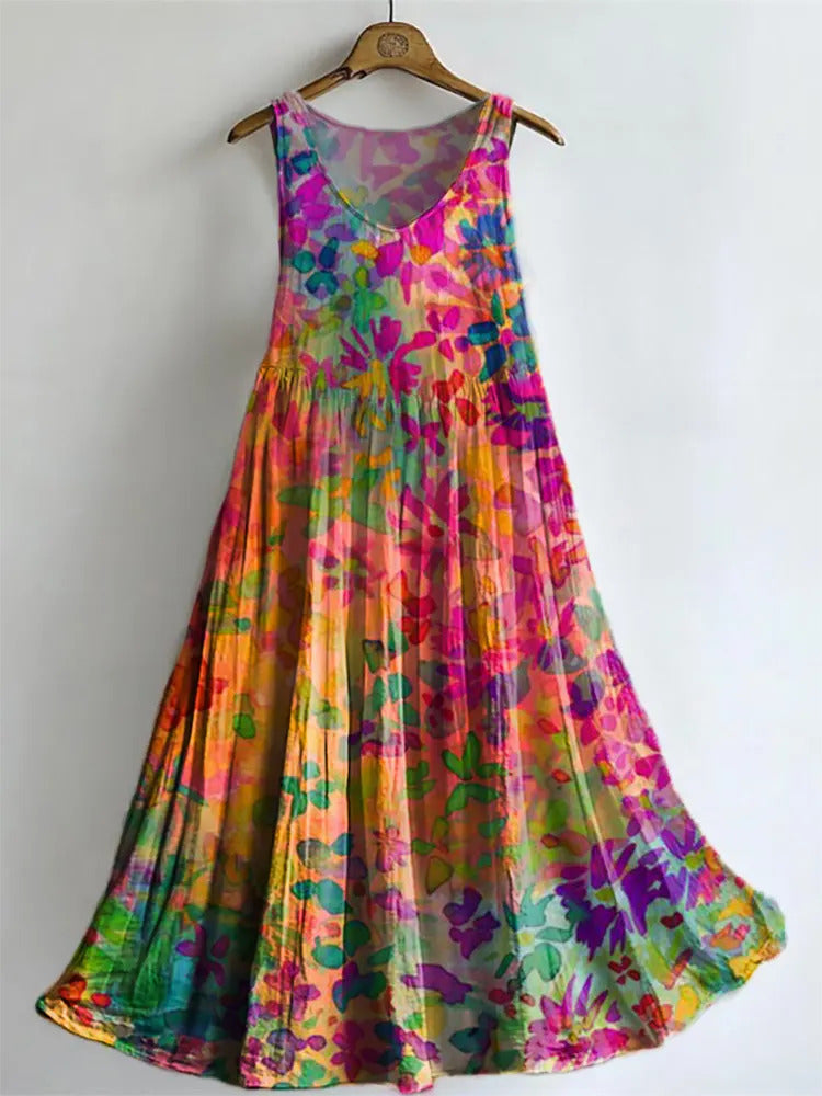 Ethnicity Colorful Flowers Geometry Women's Print Sleeveless Cotton Pocket Dress