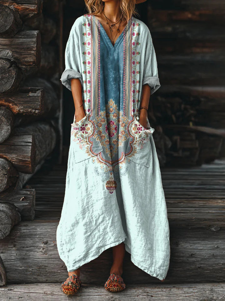 Women's Vintage Ethnic Embellished Patterns Art Printed Pockets V-Neck Cotton Dresses