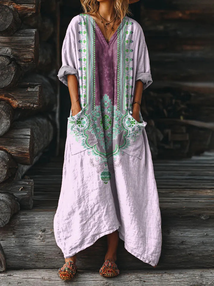 Women's Vintage Ethnic Embellished Patterns Art Printed Pockets V-Neck Cotton Dresses