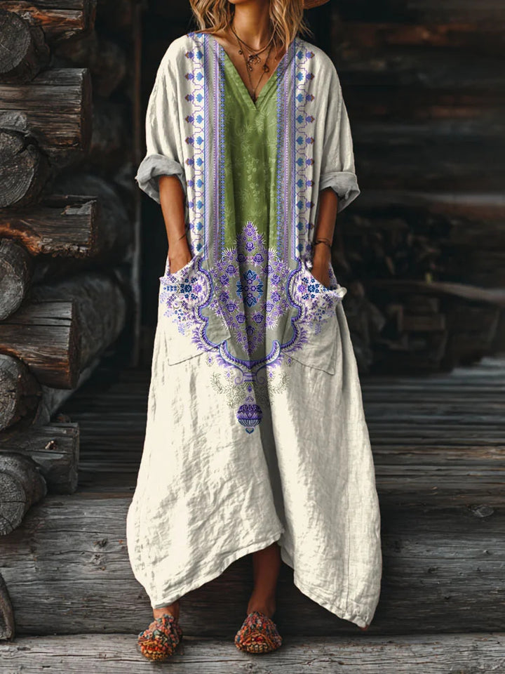 Women's Vintage Ethnic Embellished Patterns Art Printed Pockets V-Neck Cotton Dresses