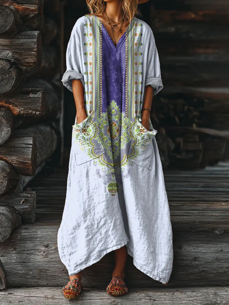 Women's Vintage Ethnic Embellished Patterns Art Printed Pockets V-Neck Cotton Dresses