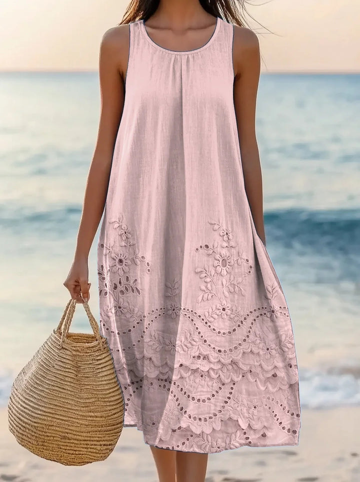 Women's Floral Art Print Crew Neck Sleeveless Cotton Pocket Dress