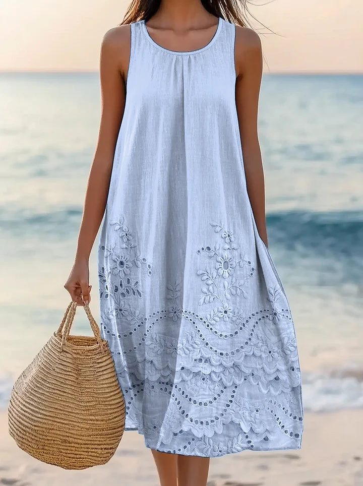Women's Floral Art Print Crew Neck Sleeveless Cotton Pocket Dress