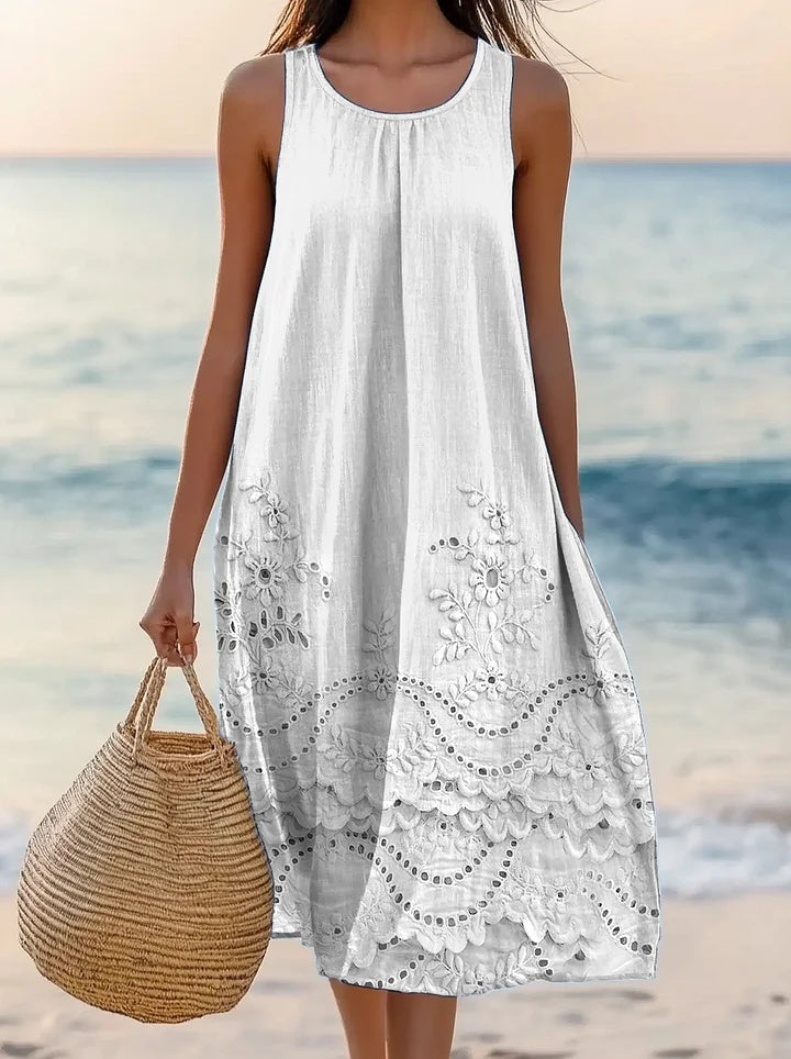 Women's Floral Art Print Crew Neck Sleeveless Cotton Pocket Dress