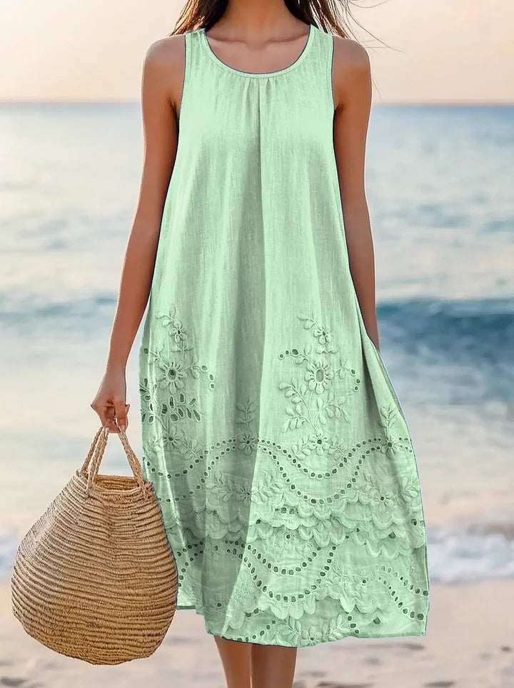 Women's Floral Art Print Crew Neck Sleeveless Cotton Pocket Dress