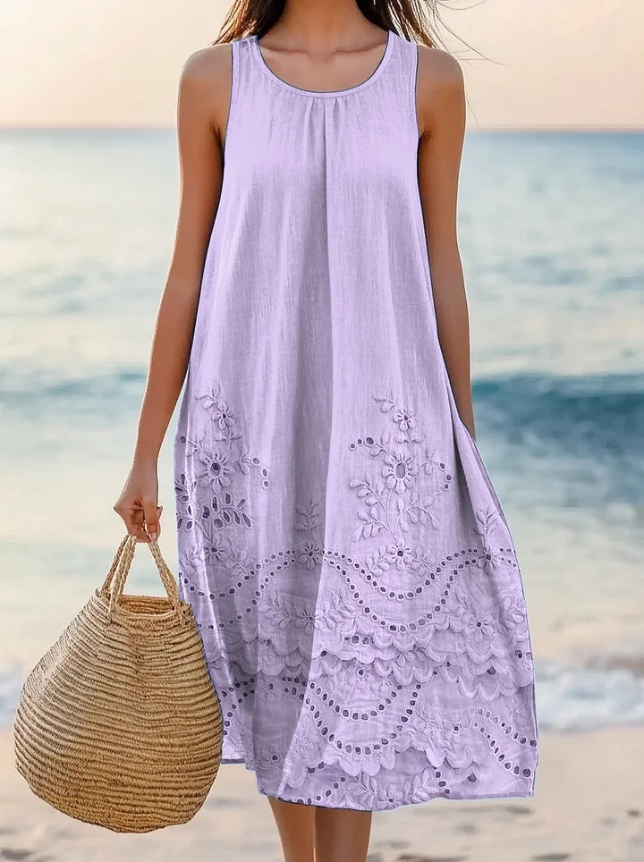 Women's Floral Art Print Crew Neck Sleeveless Cotton Pocket Dress