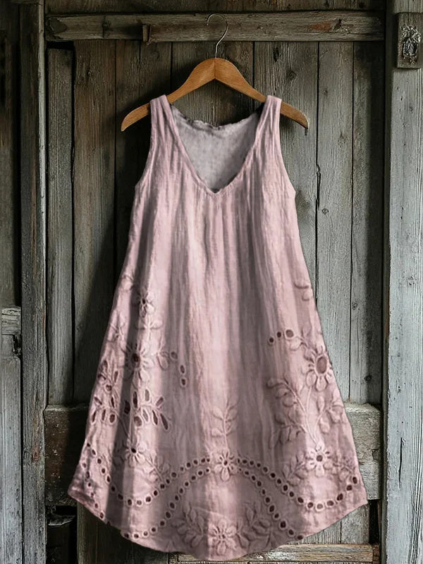 Women's Vintage Floral Texture Patterns Print V-neck Pocket Cotton Dress