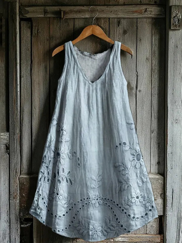 Women's Vintage Floral Texture Patterns Print V-neck Pocket Cotton Dress