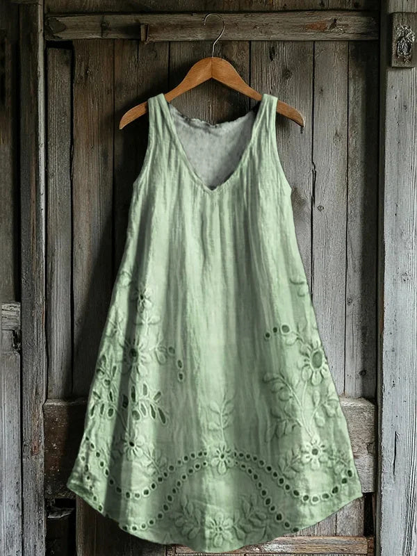 Women's Vintage Floral Texture Patterns Print V-neck Pocket Cotton Dress