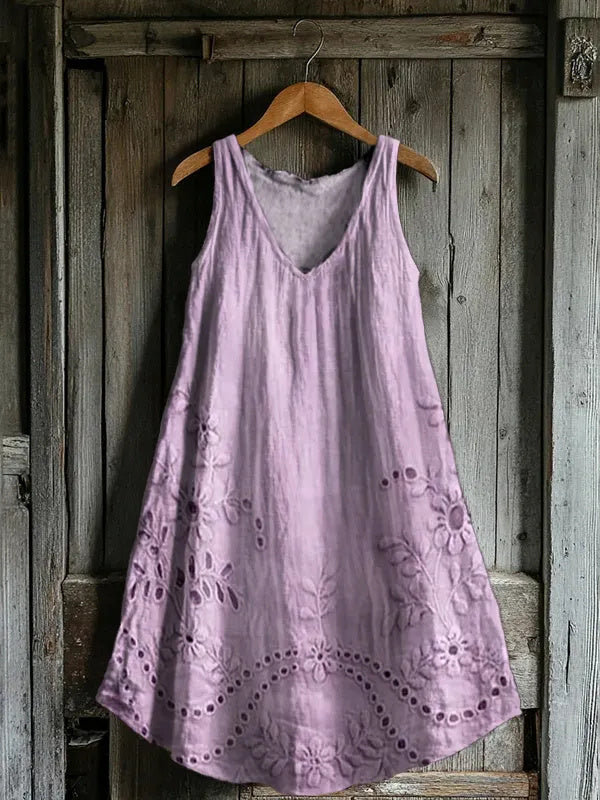 Women's Vintage Floral Texture Patterns Print V-neck Pocket Cotton Dress