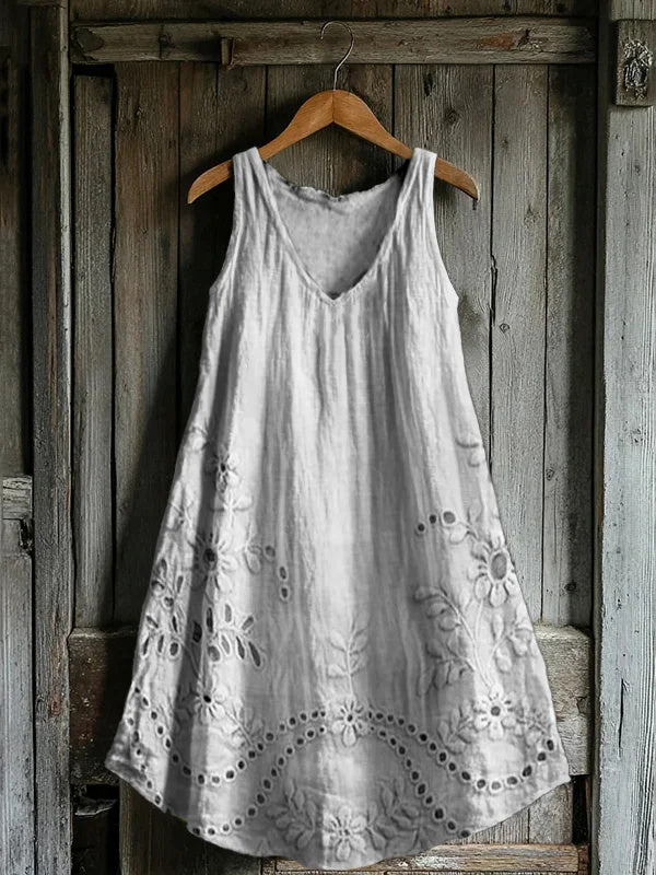 Women's Vintage Floral Texture Patterns Print V-neck Pocket Cotton Dress