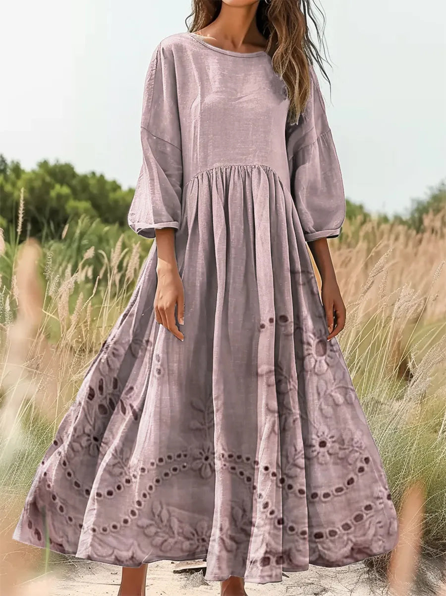 Women's Vintage Floral Texture Art Print Flowy Cotton Crew Neck Dres