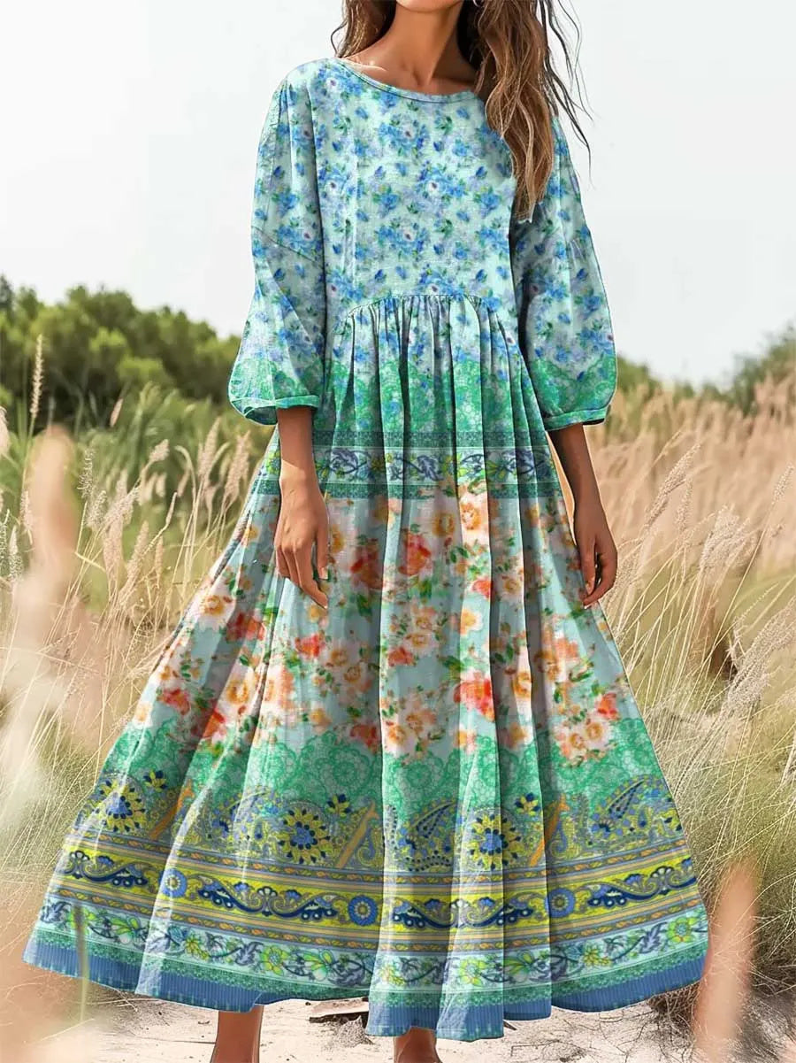 Women's Floral Art Print Cotton Crew Neck Dress