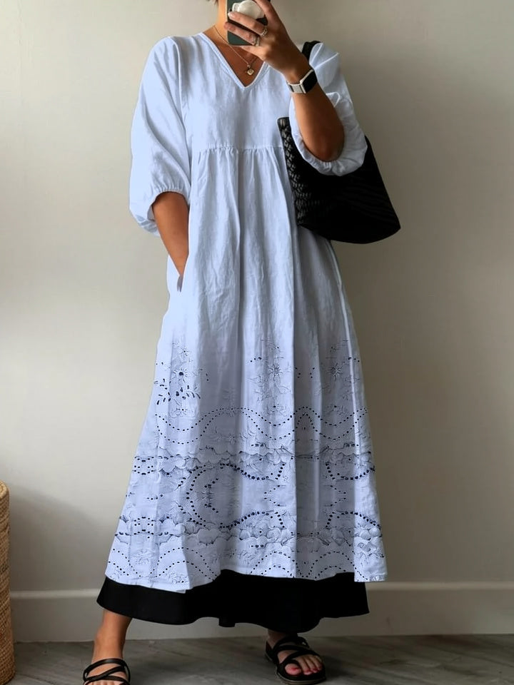 Women's Vintage Lovely Floral Lace Pattern Art Print Pocket V-neck Cotton Dress