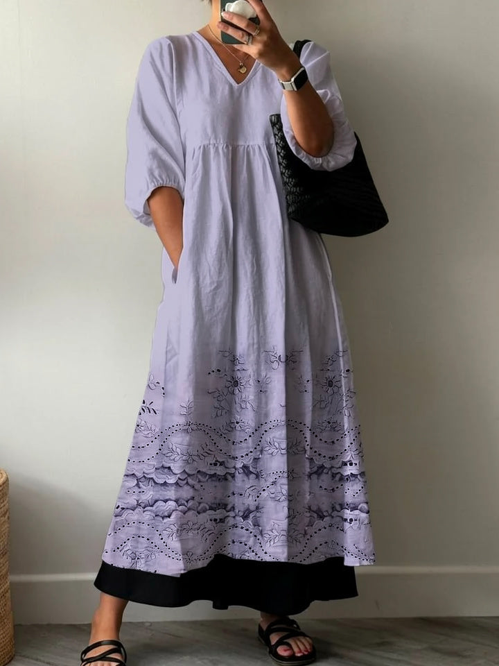 Women's Vintage Lovely Floral Lace Pattern Art Print Pocket V-neck Cotton Dress